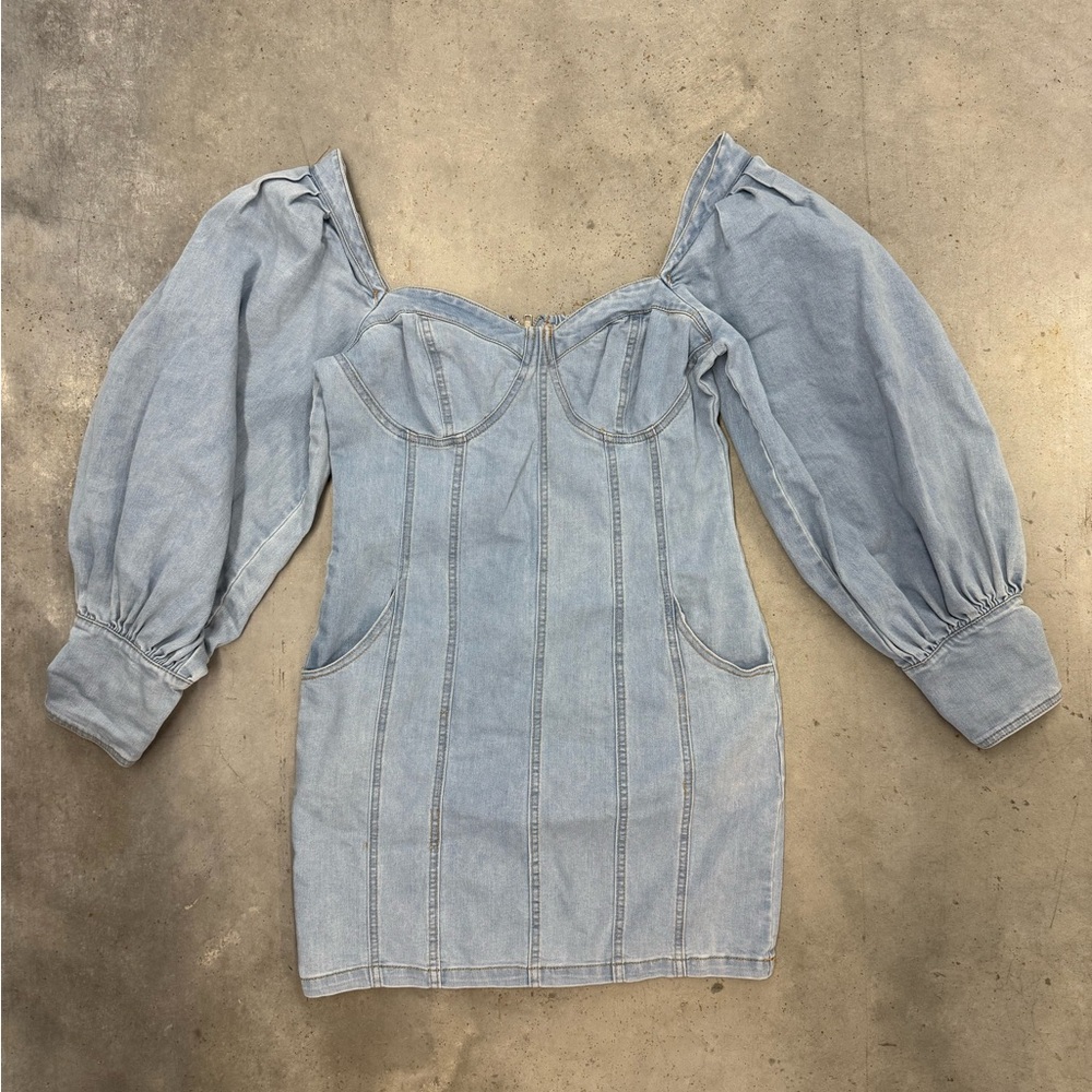 Light Wash Denim Puff Sleeve Mini Dress w/ Pockets Size Large